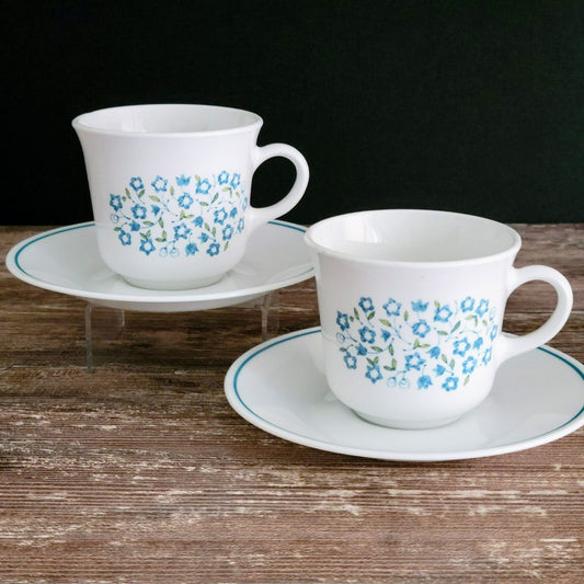 Corelle Blue Heather Cup & Saucer, 2 Sets, Blue & Green Floral, c.1977-81 USA