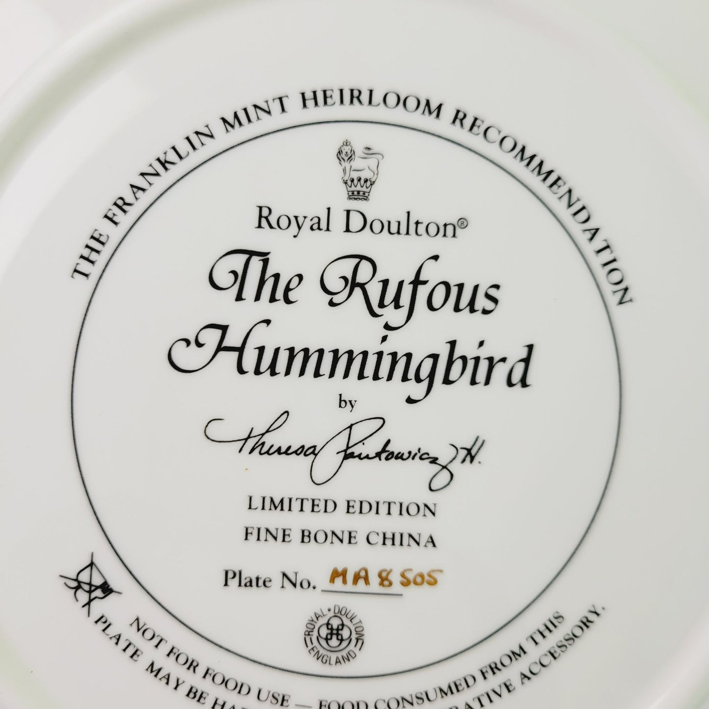 Royal Doulton Hummingbird Plate, The Rufous Hummingbird, Franklin Mint Heirloom Bird Collectors Plate