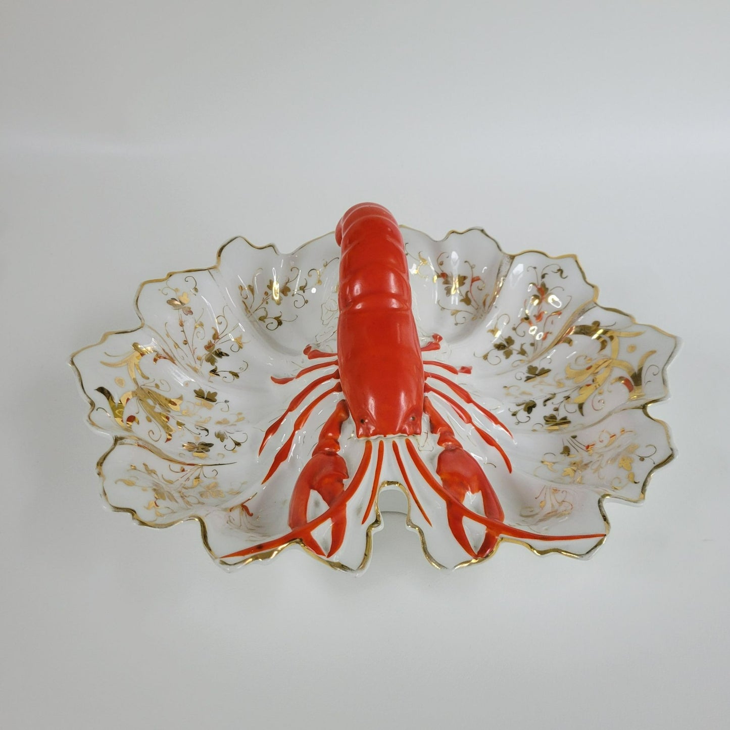 Vintage German Lobster Shaped Serving Dish, Red & Gold Victorian Style, Maritime Living
