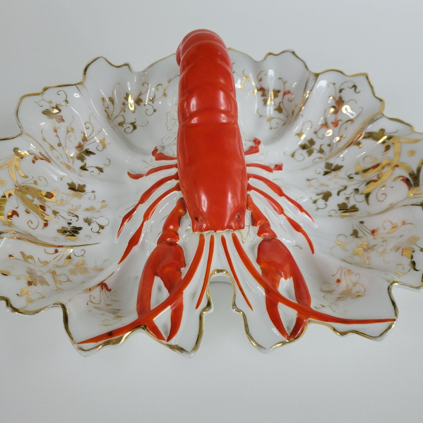 Vintage German Lobster Shaped Serving Dish, Red & Gold Victorian Style, Maritime Living