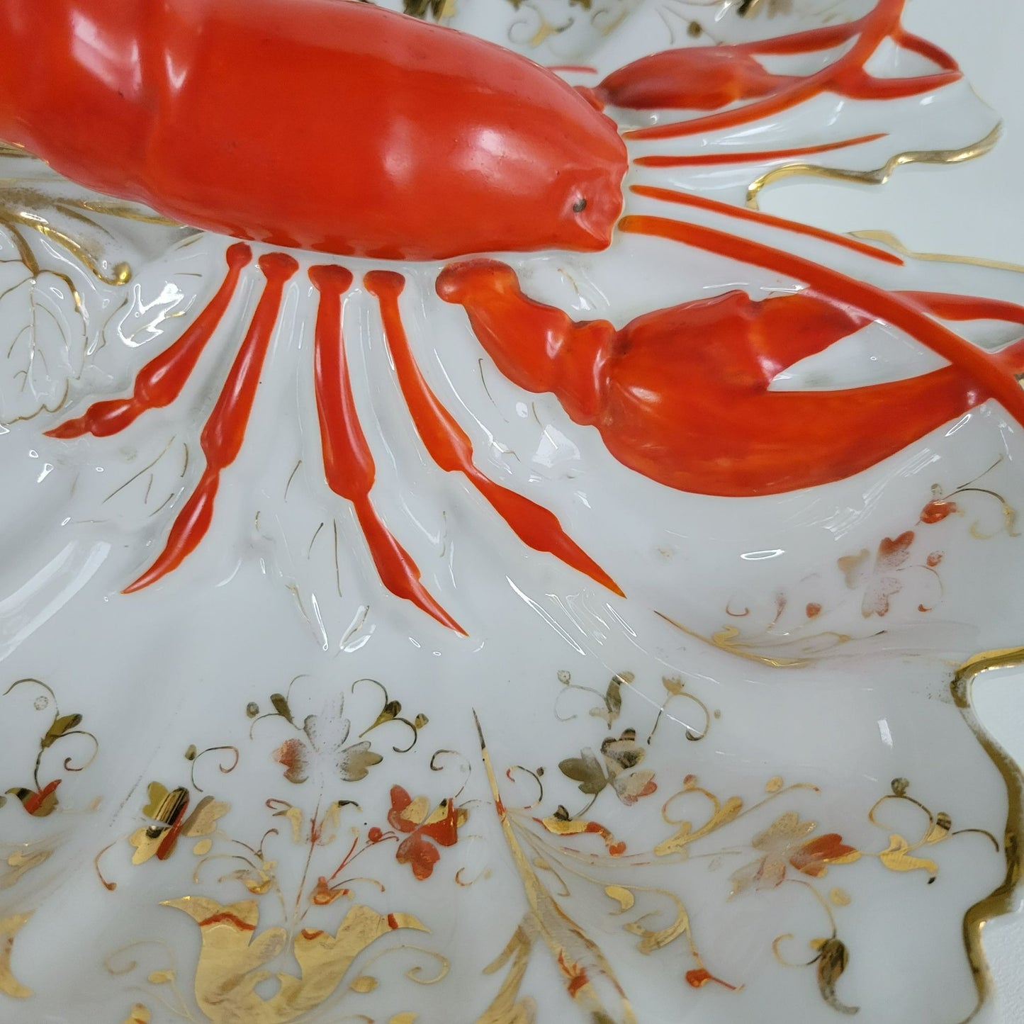 Vintage German Lobster Shaped Serving Dish, Red & Gold Victorian Style, Maritime Living