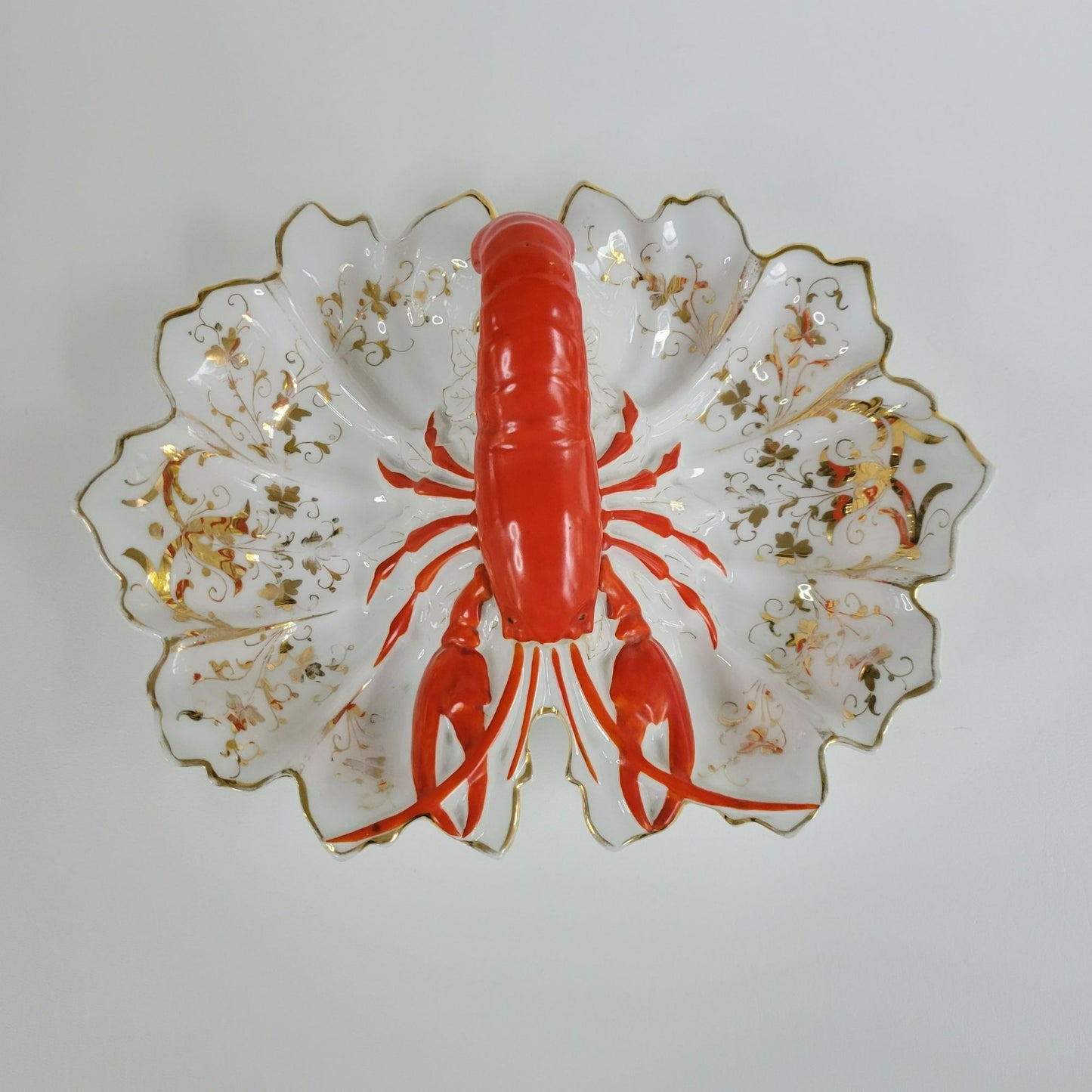 Vintage German Lobster Shaped Serving Dish, Red & Gold Victorian Style, Maritime Living