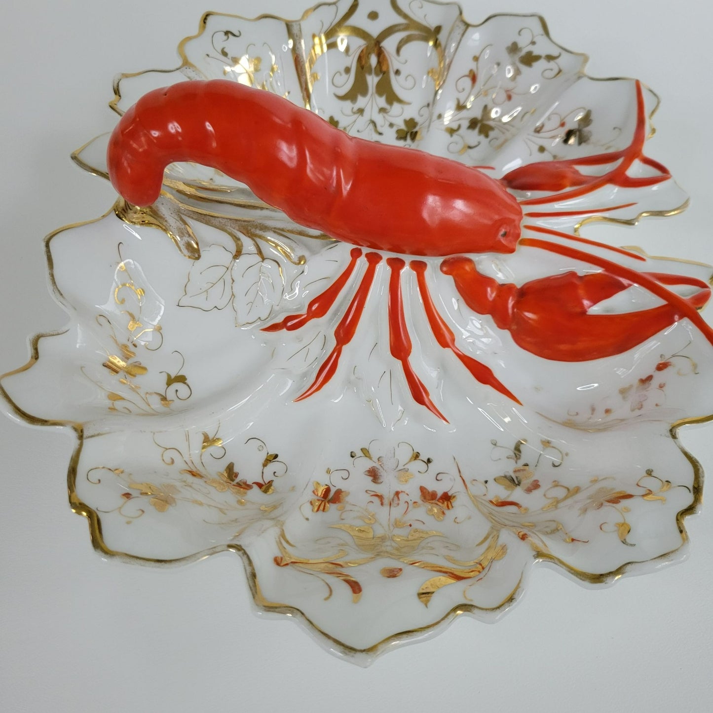 Vintage German Lobster Shaped Serving Dish, Red & Gold Victorian Style, Maritime Living