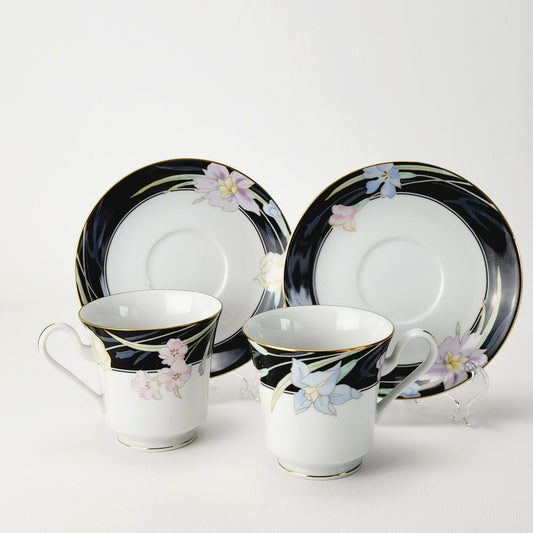 Retro Mikasa Charisma Black Footed Teacup & Saucer, 2 Sets,  Black & White with Pink & Blue Floral Design, c.1980s Japan