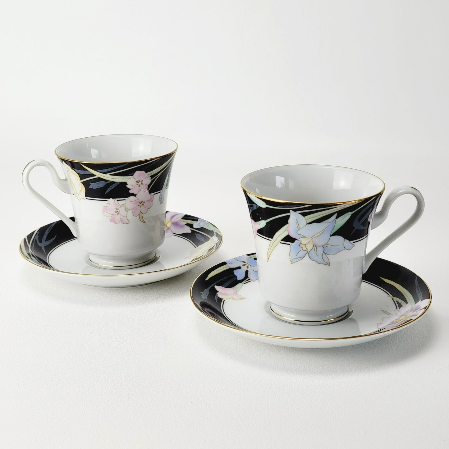 Retro Mikasa Charisma Black Footed Teacup & Saucer, 2 Sets, Black & White with Pink & Blue Floral Design, c.1980s Japan