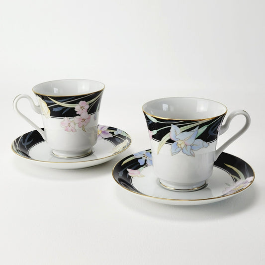 Retro Mikasa Charisma Black Footed Teacup & Saucer, 2 Sets,  Black & White with Pink & Blue Floral Design, c.1980s Japan