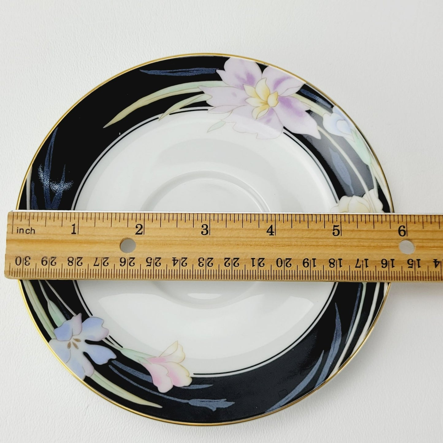Retro Mikasa Charisma Black Footed Teacup & Saucer, 2 Sets, Black & White with Pink & Blue Floral Design, c.1980s Japan