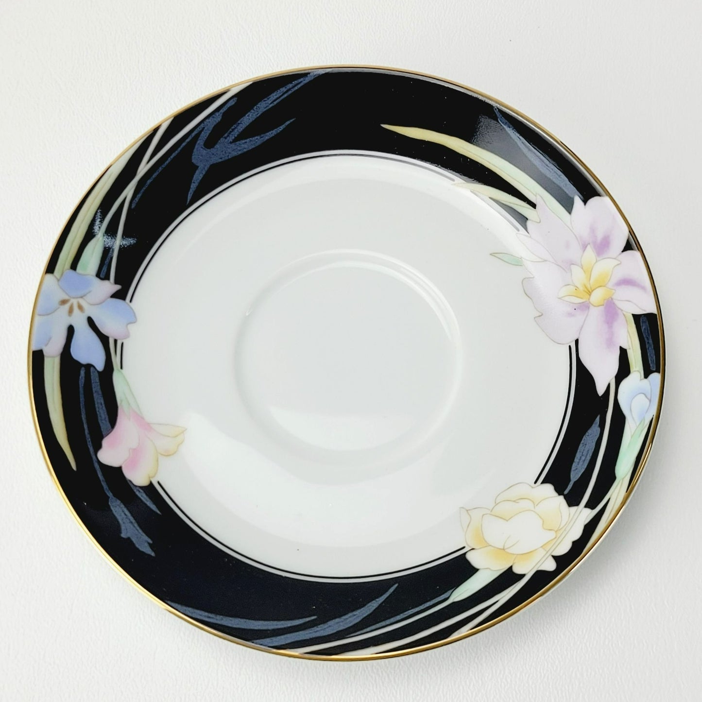 Retro Mikasa Charisma Black Footed Teacup & Saucer, 2 Sets, Black & White with Pink & Blue Floral Design, c.1980s Japan