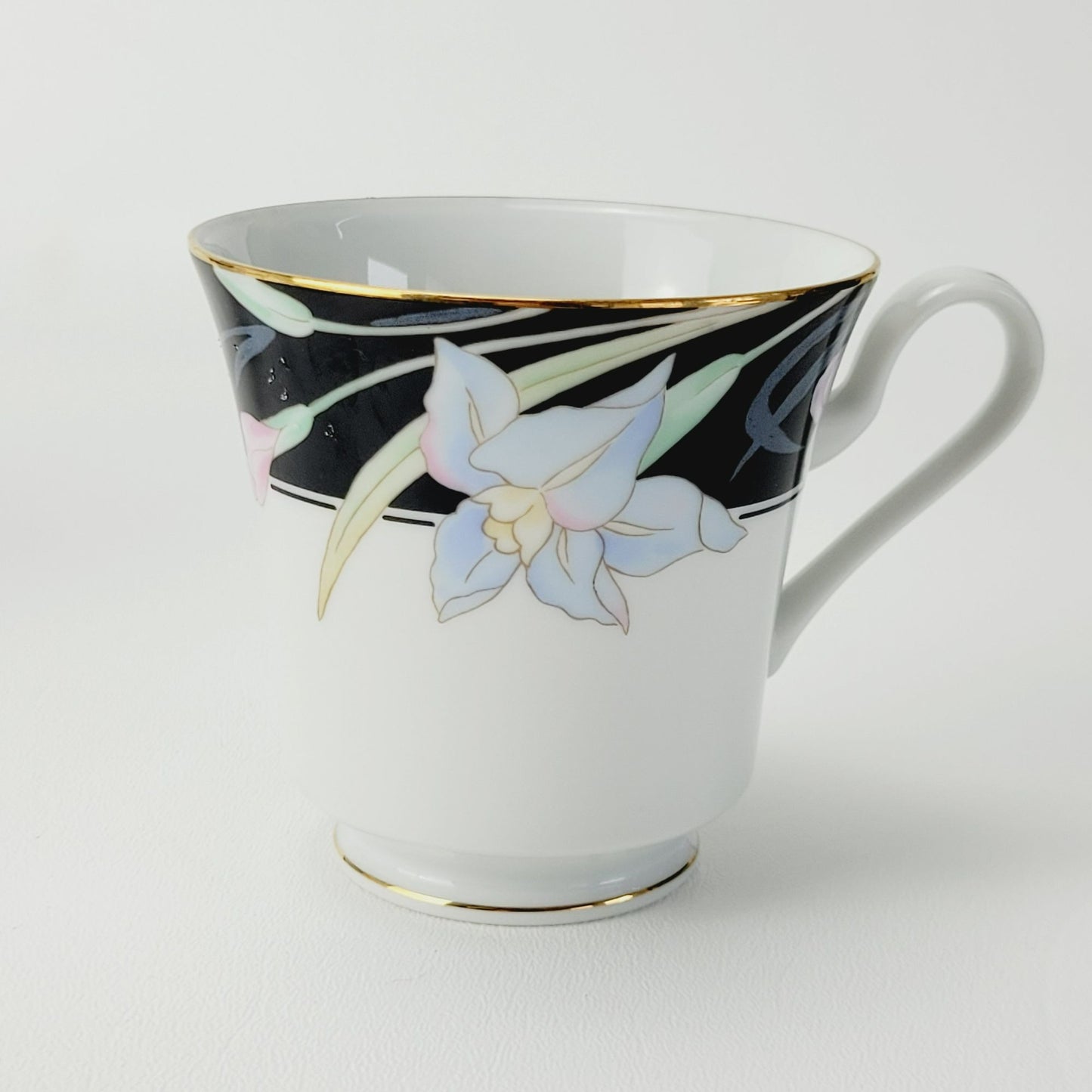 Retro Mikasa Charisma Black Footed Teacup & Saucer, 2 Sets, Black & White with Pink & Blue Floral Design, c.1980s Japan