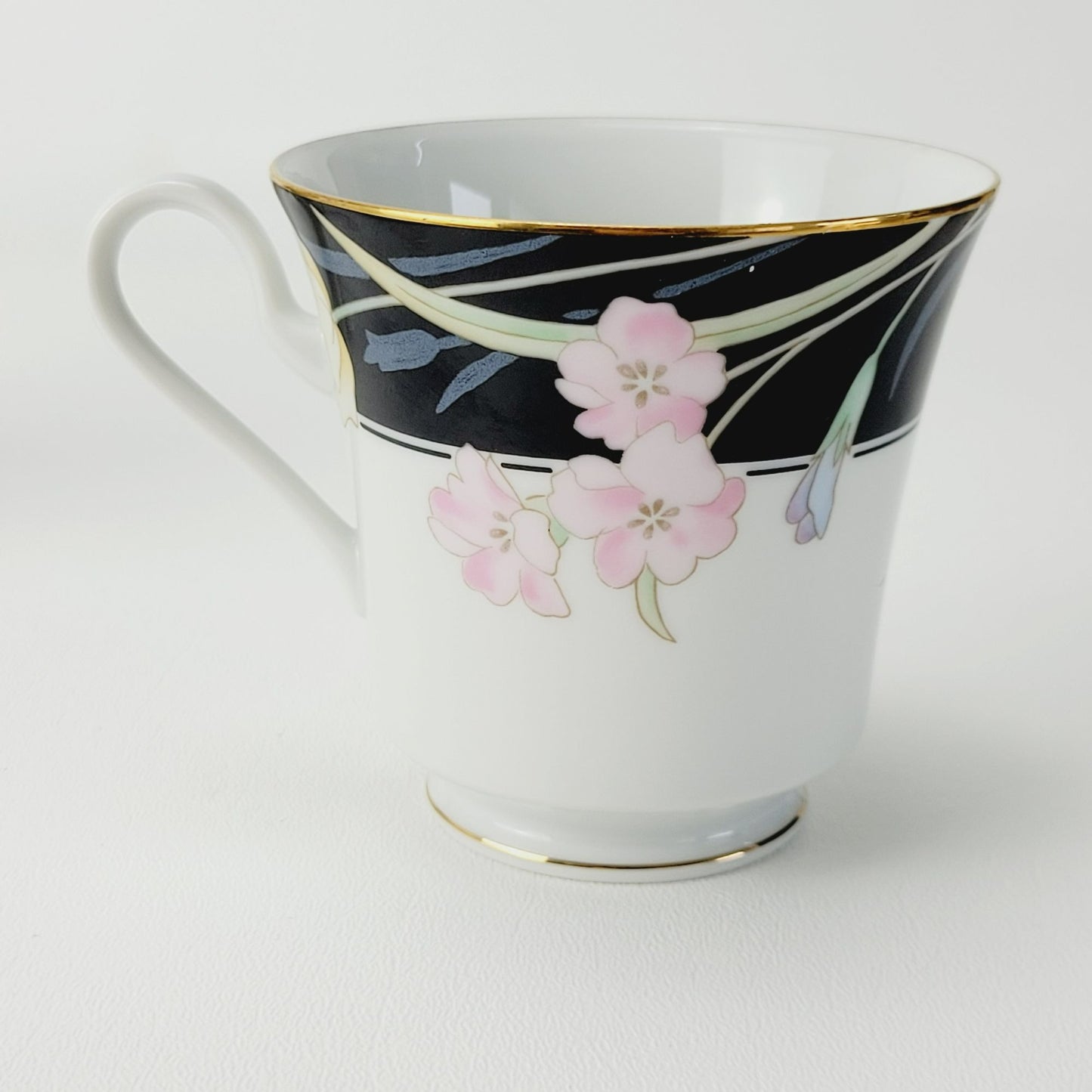 Retro Mikasa Charisma Black Footed Teacup & Saucer, 2 Sets, Black & White with Pink & Blue Floral Design, c.1980s Japan