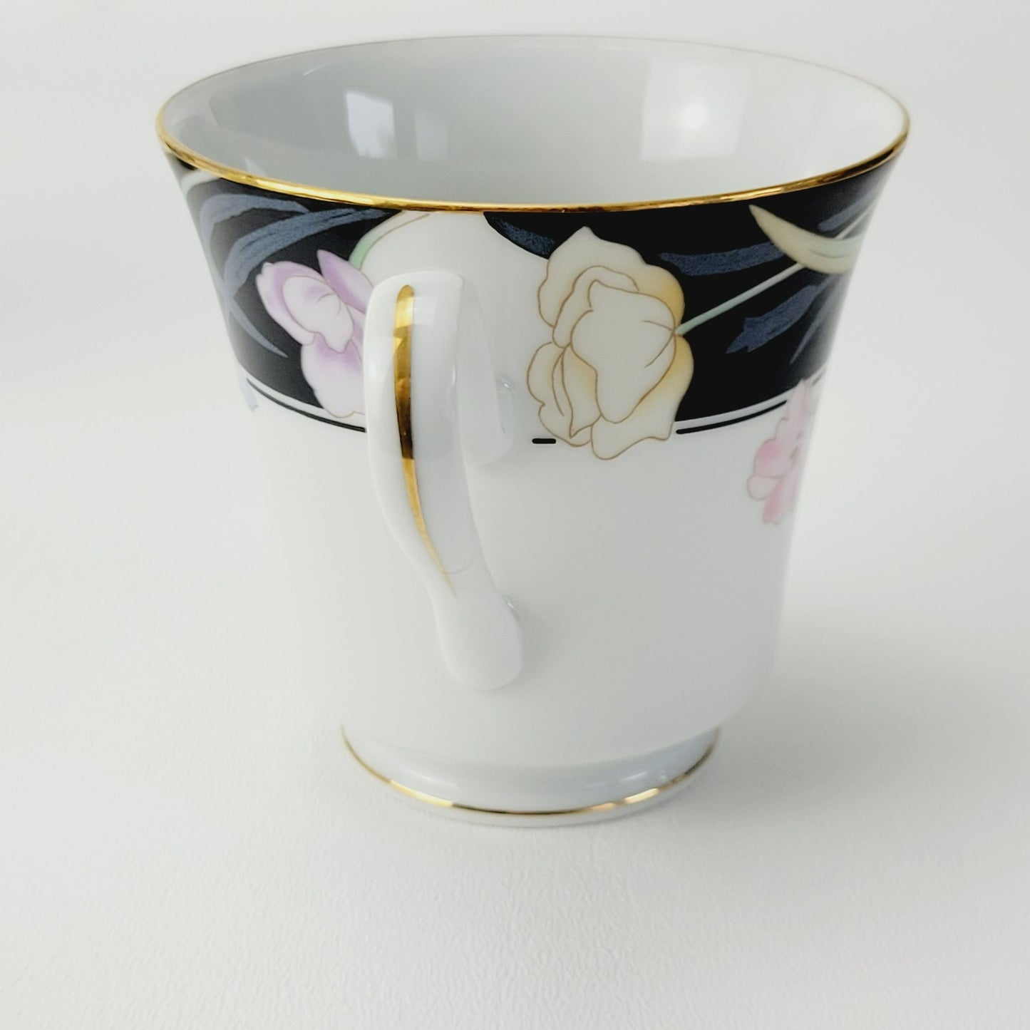 Retro Mikasa Charisma Black Footed Teacup & Saucer, 2 Sets, Black & White with Pink & Blue Floral Design, c.1980s Japan