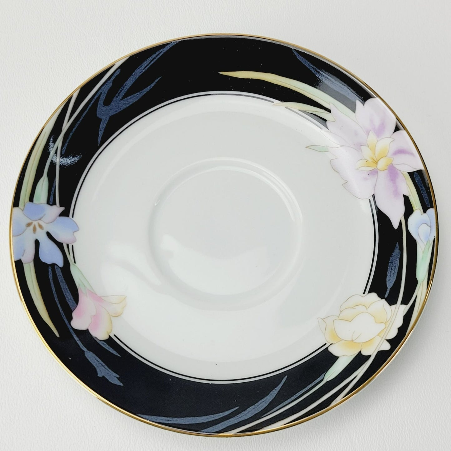 Retro Mikasa Charisma Black Footed Teacup & Saucer, 2 Sets, Black & White with Pink & Blue Floral Design, c.1980s Japan