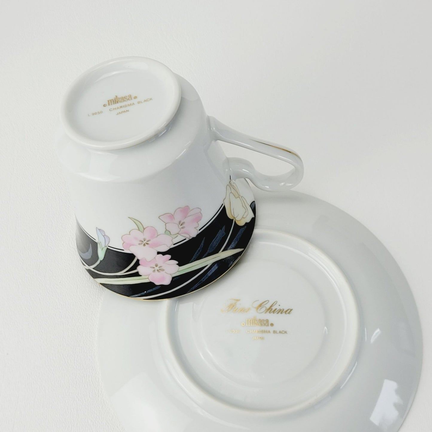 Retro Mikasa Charisma Black Footed Teacup & Saucer, 2 Sets, Black & White with Pink & Blue Floral Design, c.1980s Japan