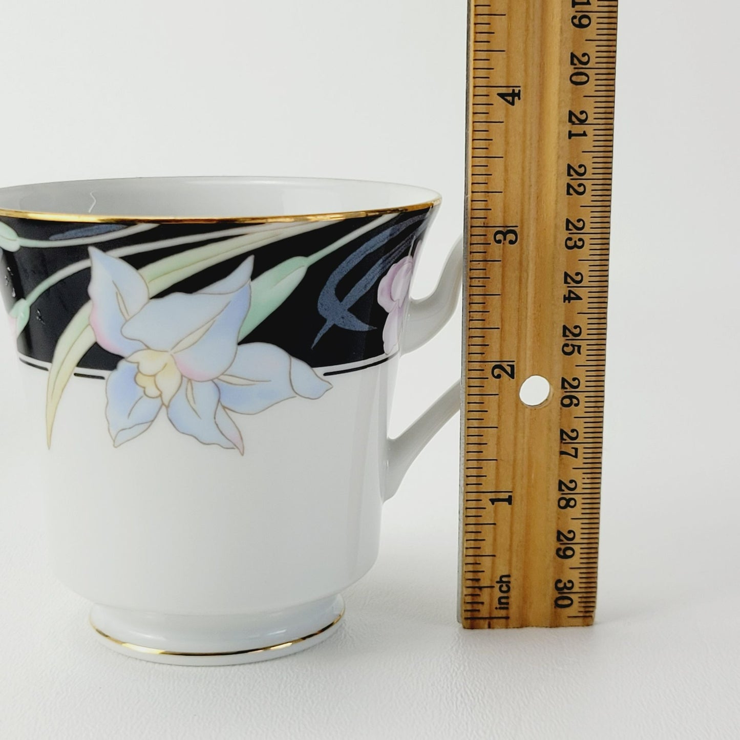 Retro Mikasa Charisma Black Footed Teacup & Saucer, 2 Sets, Black & White with Pink & Blue Floral Design, c.1980s Japan