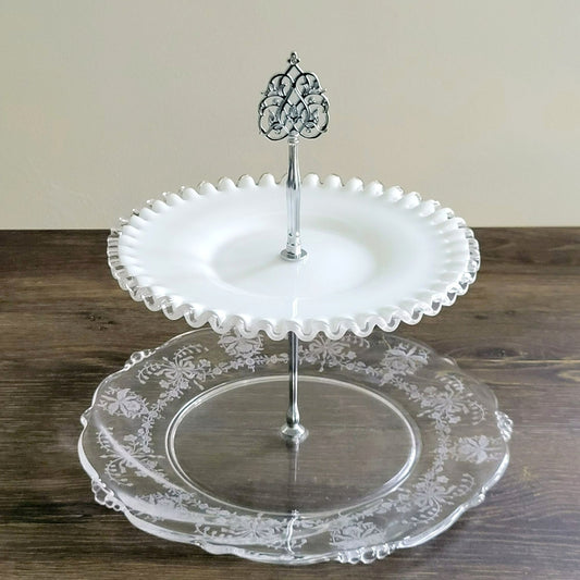 Mismatched Vintage 2-Tiered Glass Dessert Stand, Fenton Silver Crest & Heisey Orchid