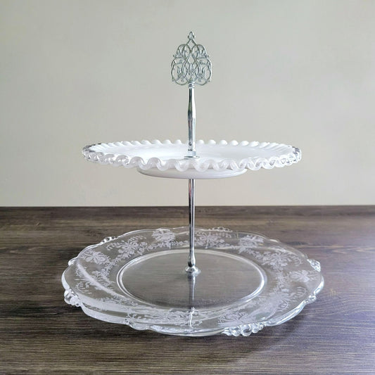 Mismatched Vintage 2-Tiered Glass Dessert Stand, Fenton Silver Crest & Heisey Orchid