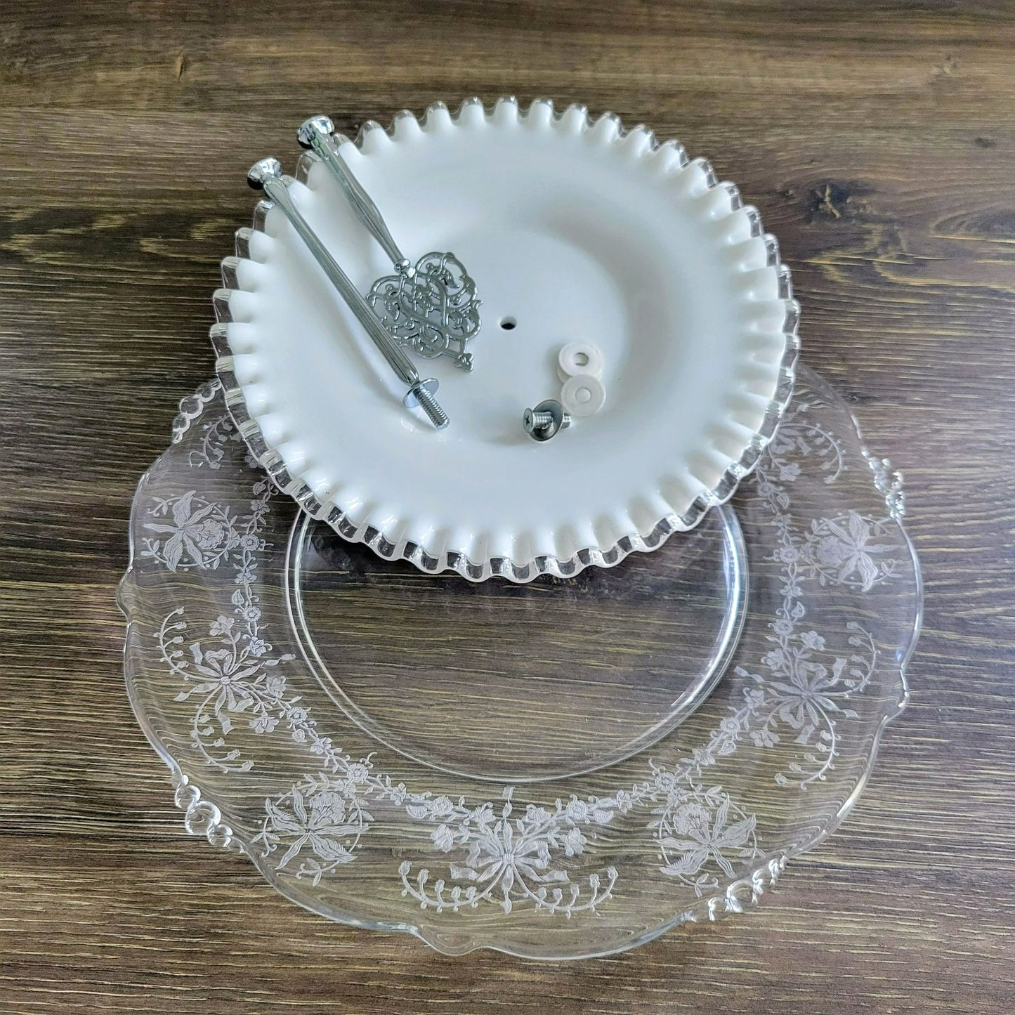 Mismatched Vintage 2-Tiered Glass Dessert Stand, Fenton Silver Crest & Heisey Orchid