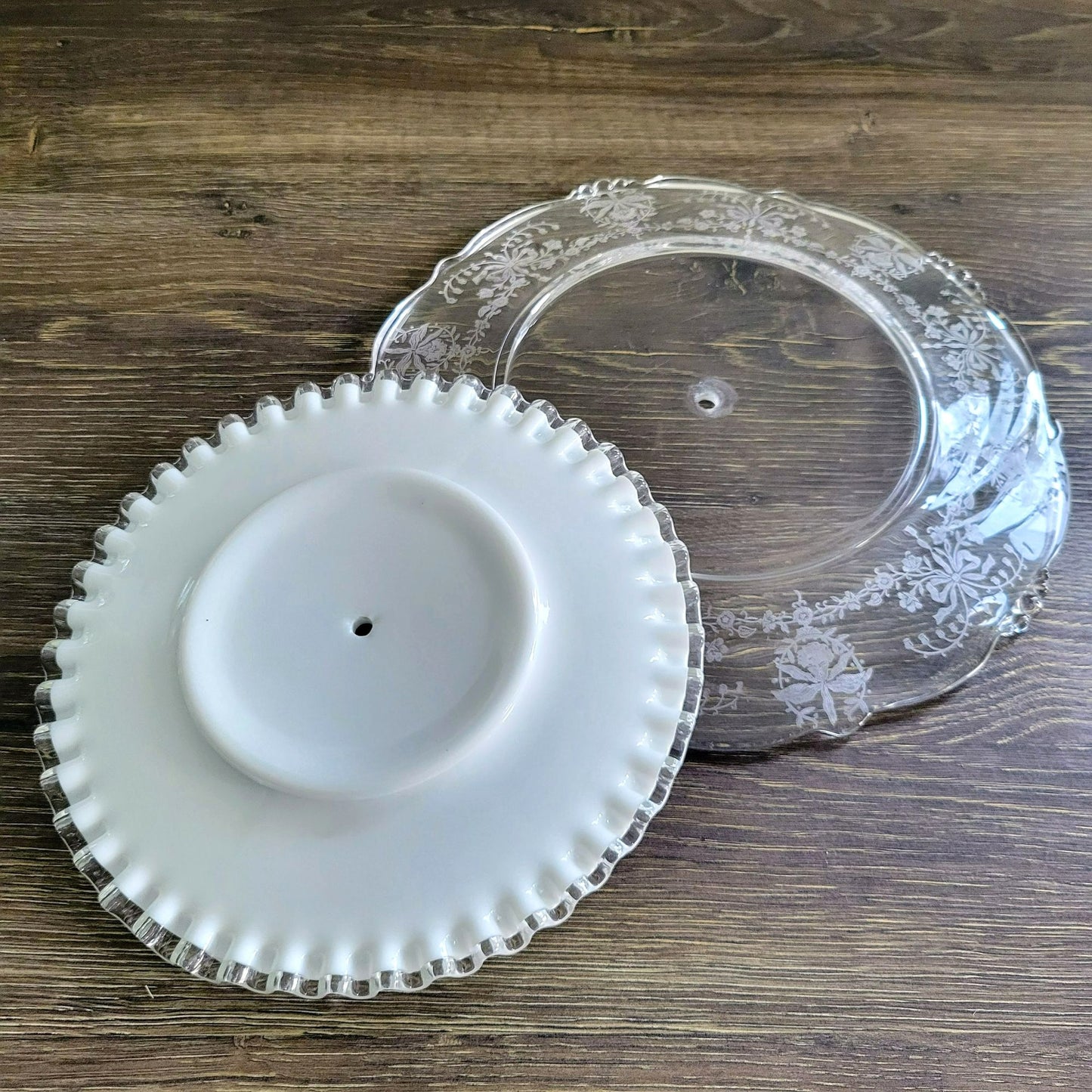 Mismatched Vintage 2-Tiered Glass Dessert Stand, Fenton Silver Crest & Heisey Orchid
