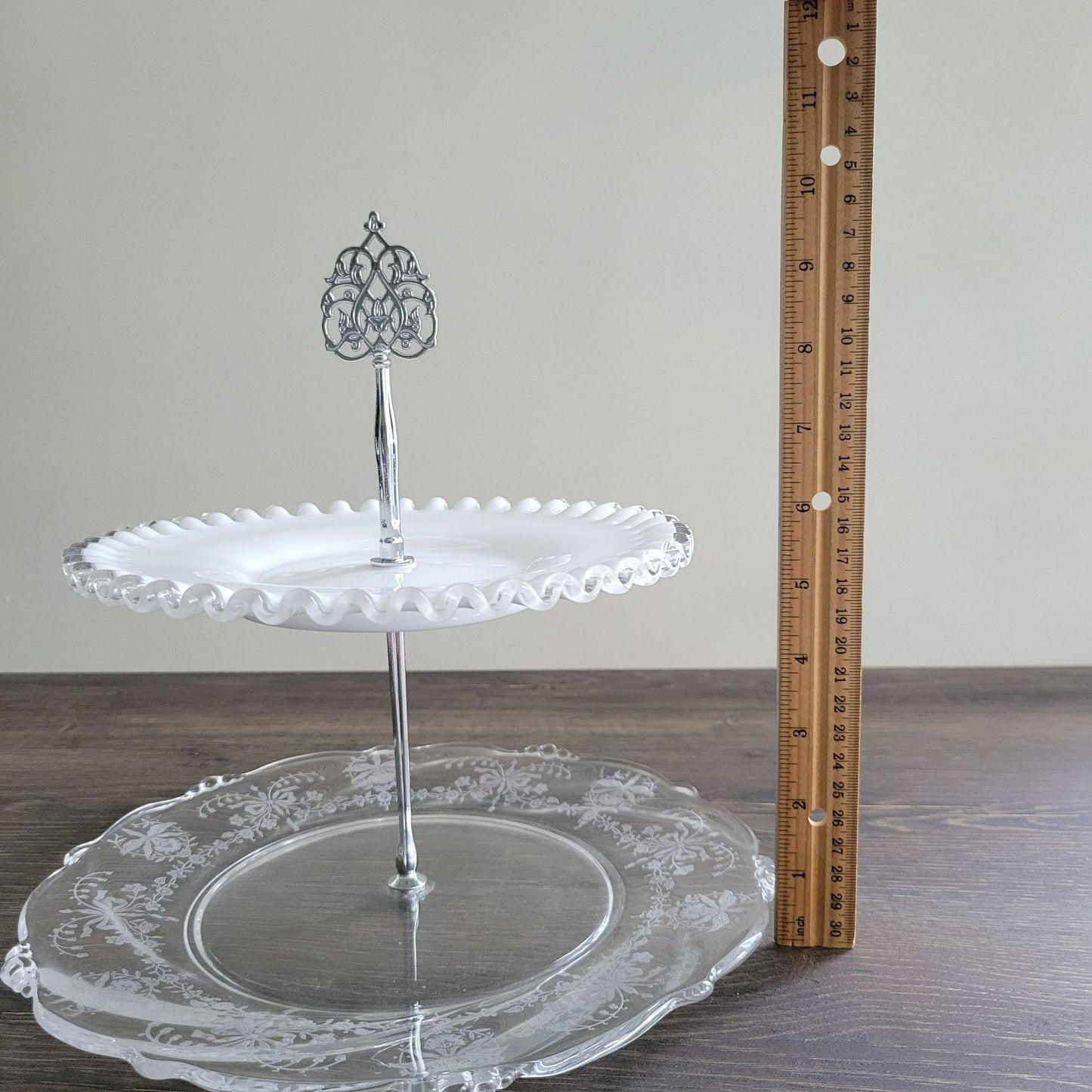 Mismatched Vintage 2-Tiered Glass Dessert Stand, Fenton Silver Crest & Heisey Orchid