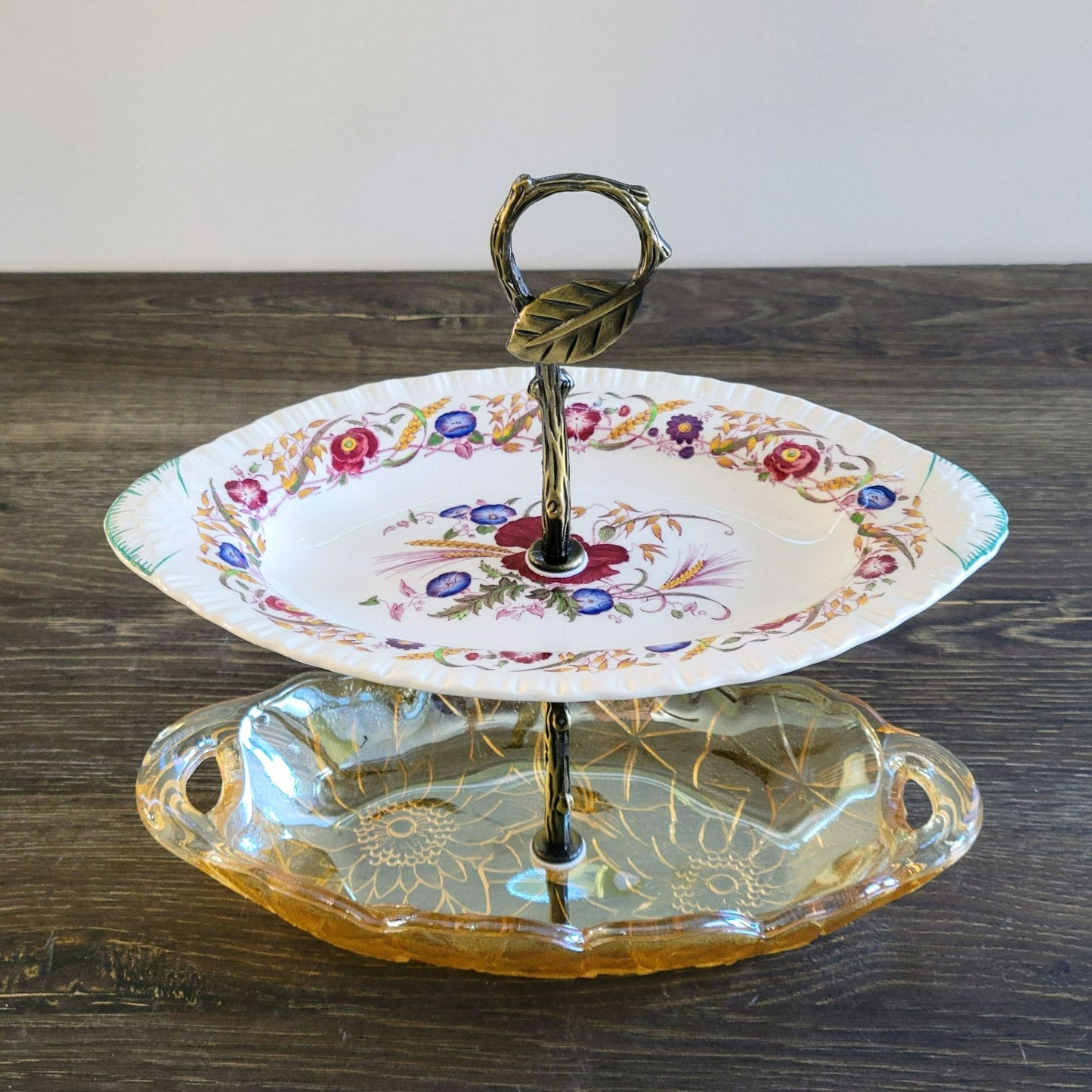 Mismatched Oval 2 Tiered Dessert Stand, Made from Wedgwood & Indiana Glass