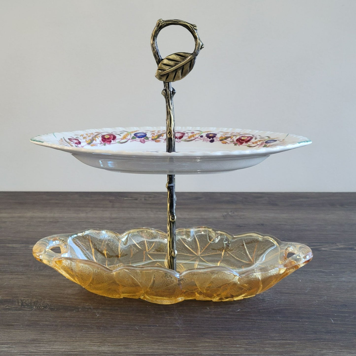 Mismatched Oval 2 Tiered Dessert Stand, Made from Wedgwood & Indiana Glass