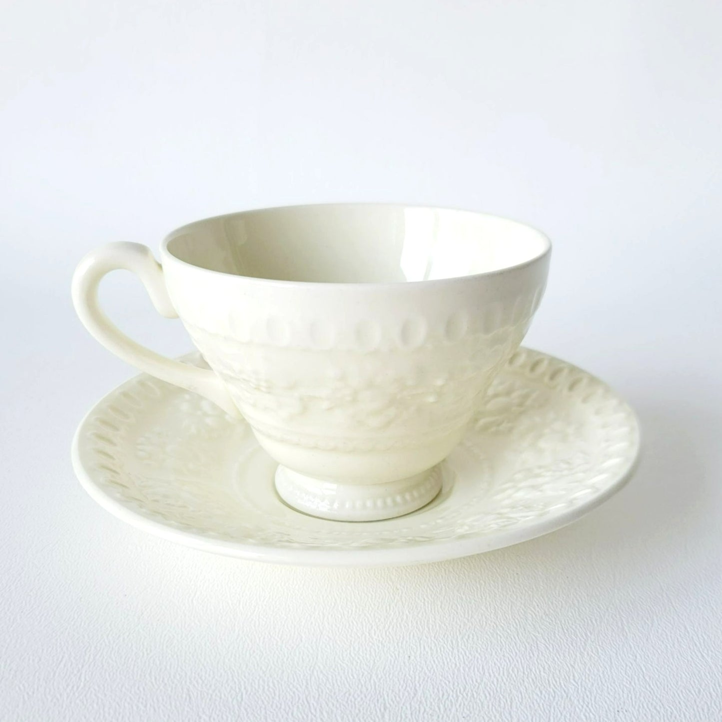 Wedgwood Wellesley Teacup & Saucer, Off White Embossed Floral Design, Made in England