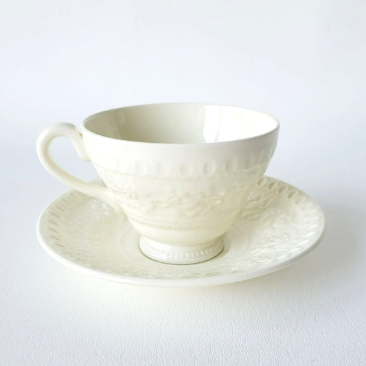 Wedgwood Wellesley Teacup & Saucer, Off White Embossed Floral Design, Made in England