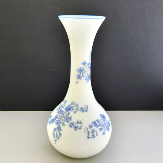 Italian Frosted Satin Glass 14" Flower Vase, Toile Blue & White Floral