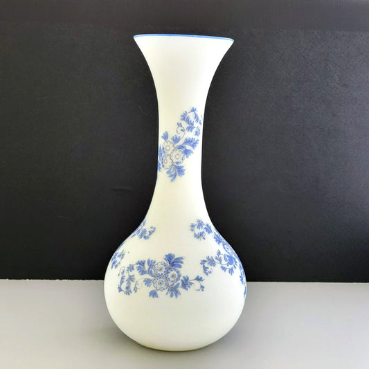 Italian Frosted Satin Glass 14" Flower Vase, Toile Blue & White Floral
