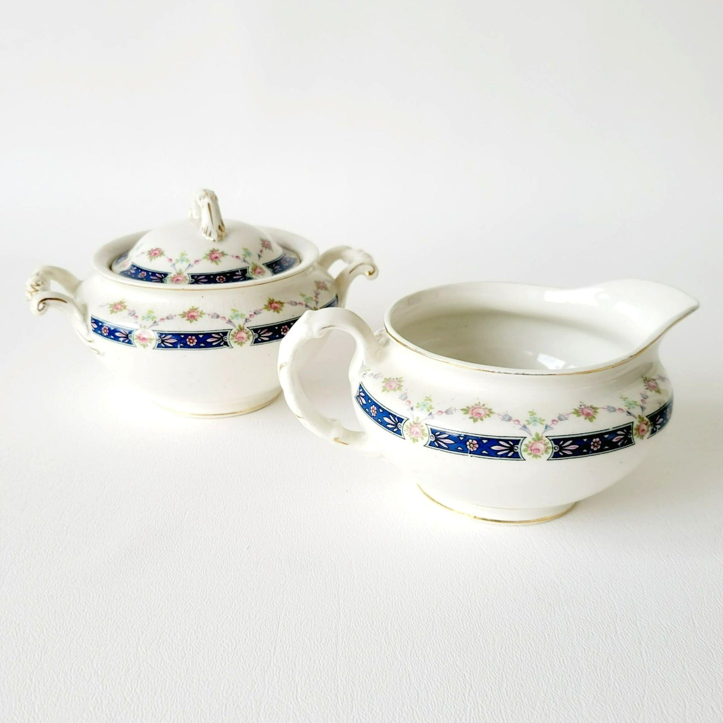 Rare Johnson Bro Sugar Bowl & Creamer, Blue Accent, Pink Floral, with CRAZING