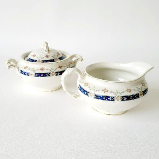 Rare Johnson Bro Sugar Bowl & Creamer, Blue Accent, Pink Floral, with CRAZING