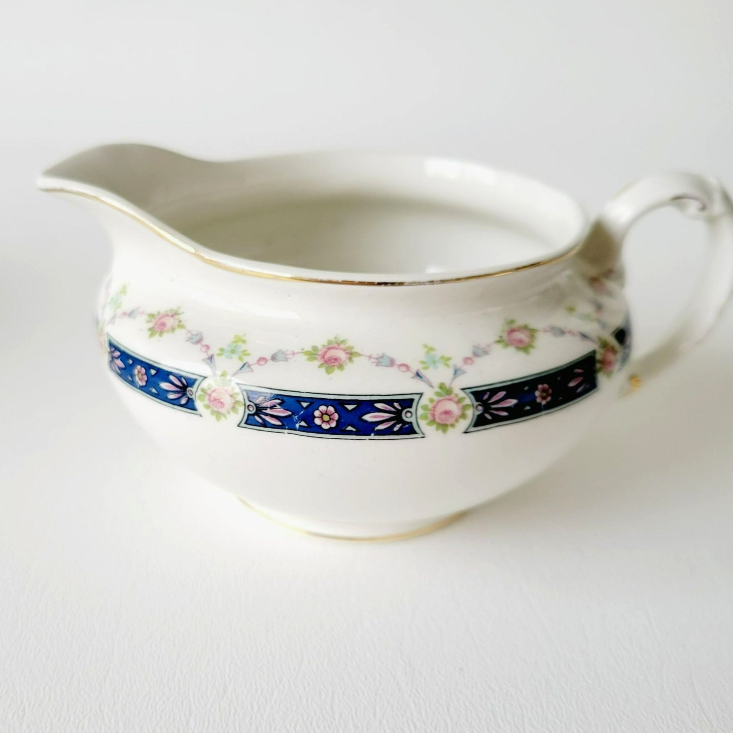 Rare Johnson Bro Sugar Bowl & Creamer, Blue Accent, Pink Floral, with CRAZING