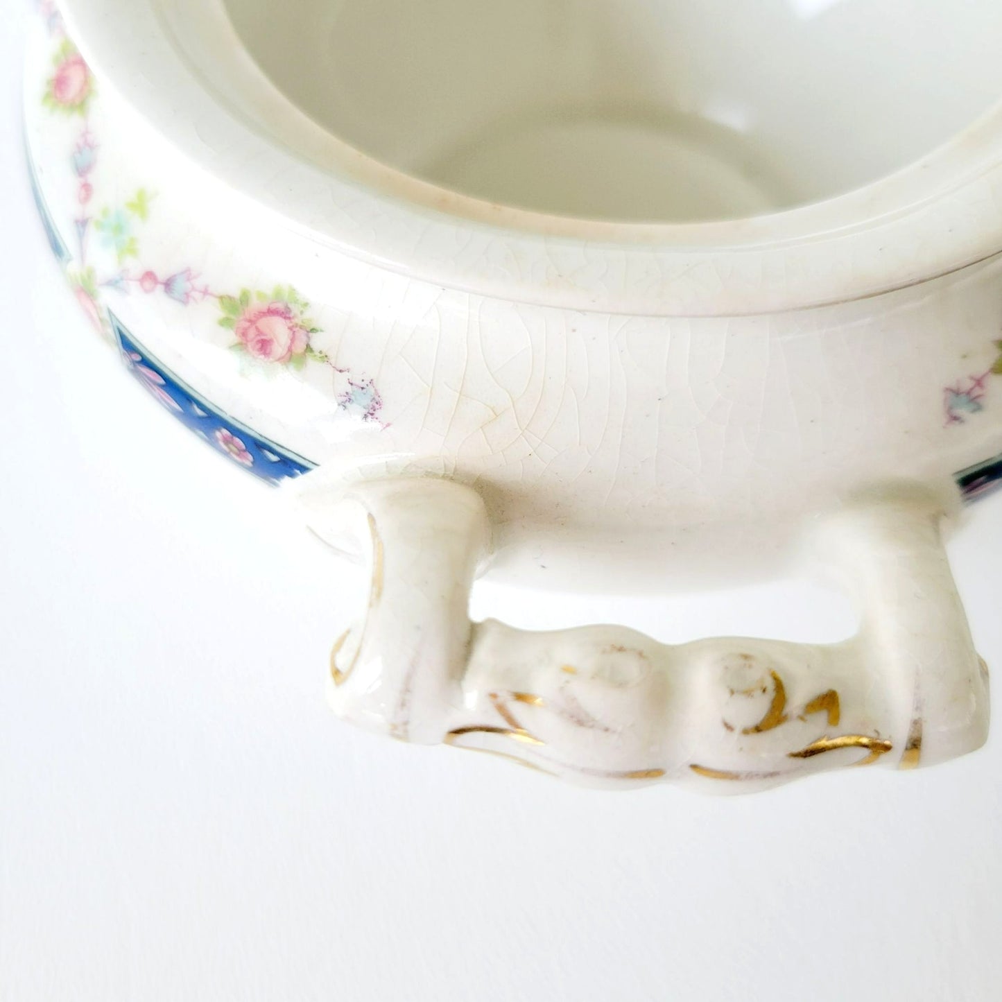 Rare Johnson Bro Sugar Bowl & Creamer, Blue Accent, Pink Floral, with CRAZING