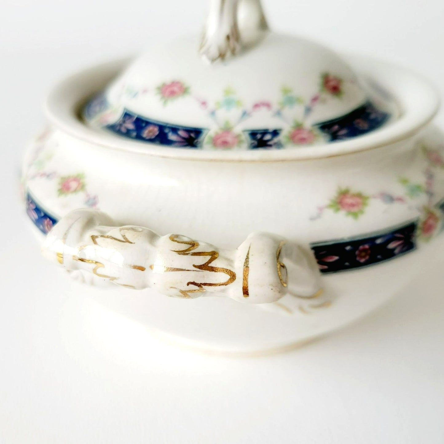 Rare Johnson Bro Sugar Bowl & Creamer, Blue Accent, Pink Floral, with CRAZING