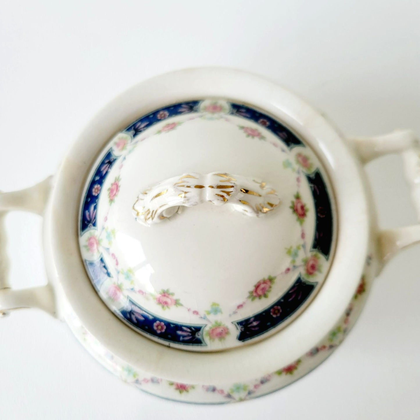 Rare Johnson Bro Sugar Bowl & Creamer, Blue Accent, Pink Floral, with CRAZING