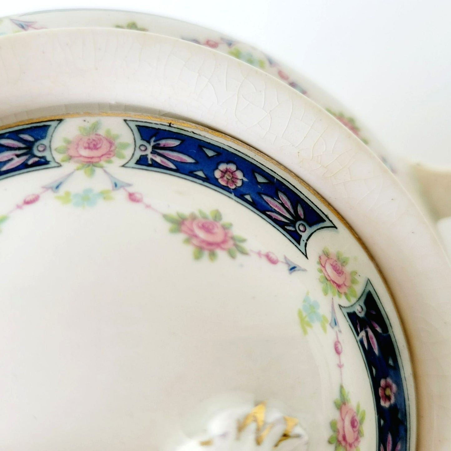 Rare Johnson Bro Sugar Bowl & Creamer, Blue Accent, Pink Floral, with CRAZING