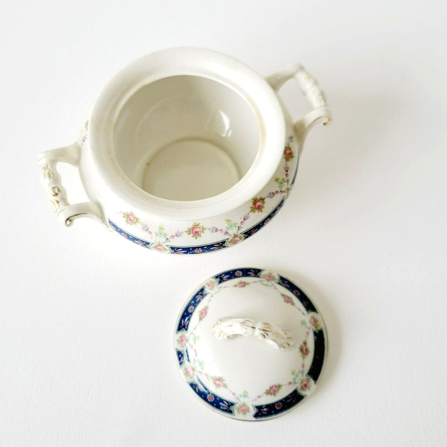 Rare Johnson Bro Sugar Bowl & Creamer, Blue Accent, Pink Floral, with CRAZING