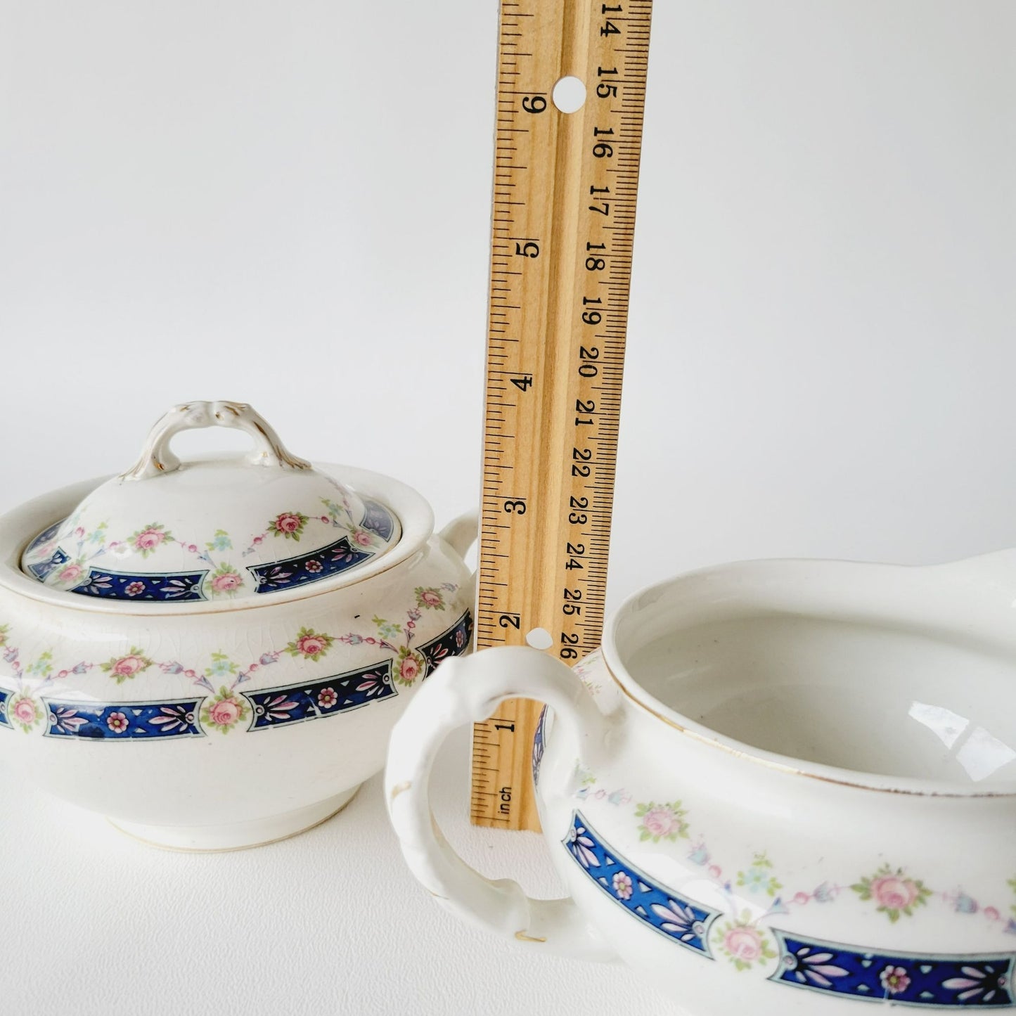 Rare Johnson Bro Sugar Bowl & Creamer, Blue Accent, Pink Floral, with CRAZING