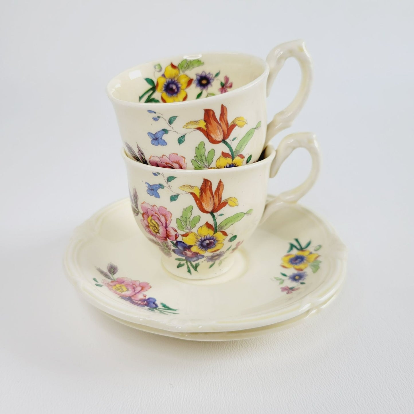WH Grindley Floral Demitasse Cup & Saucer, 2 Sets, c1936-40 England