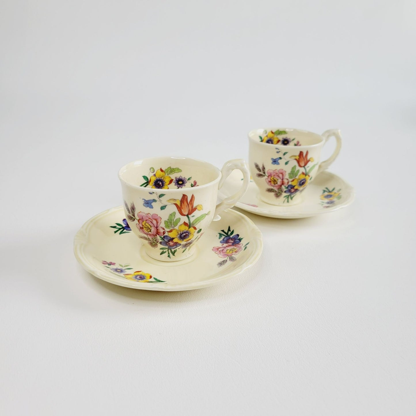 WH Grindley Floral Demitasse Cup & Saucer, 2 Sets, c1936-40 England