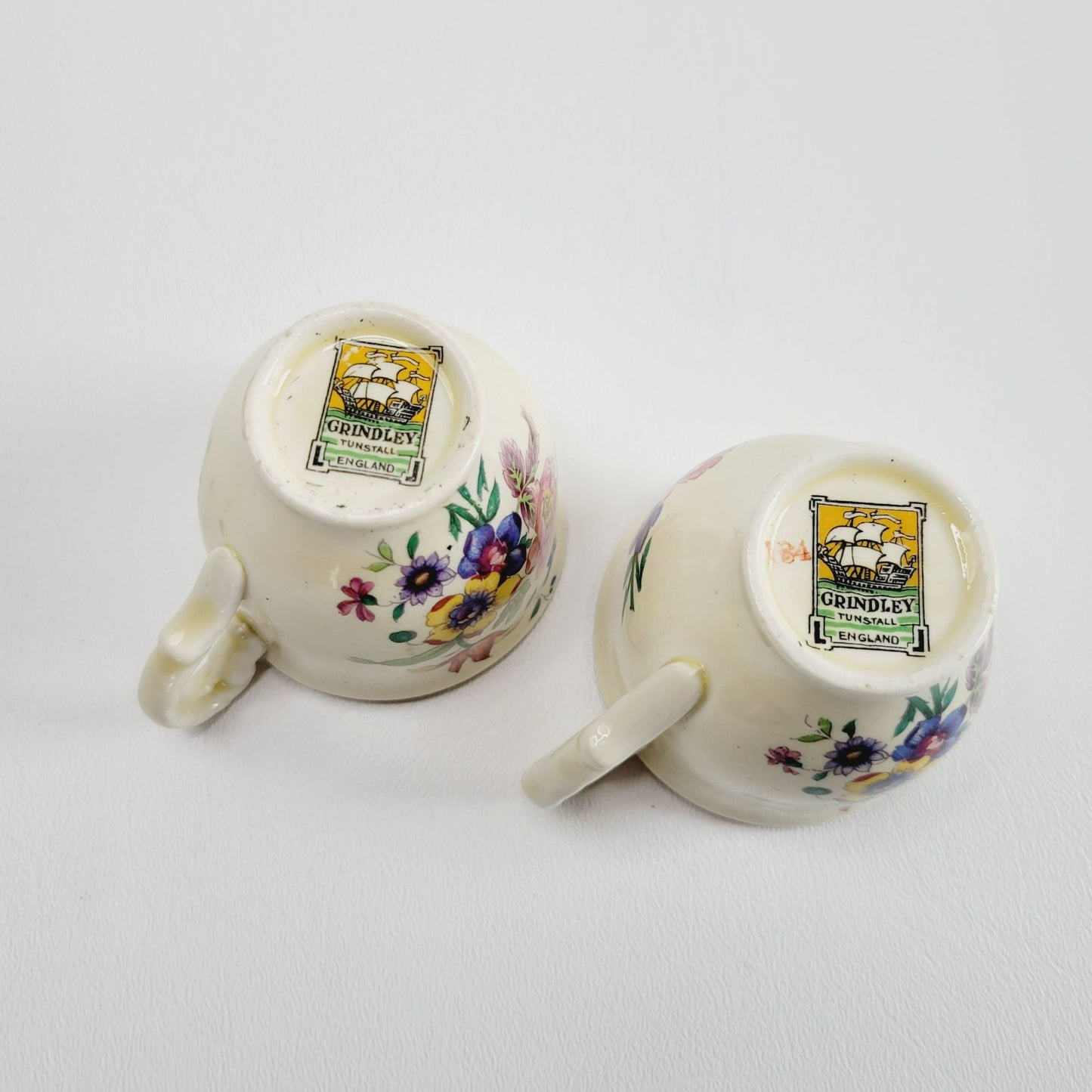 WH Grindley Floral Demitasse Cup & Saucer, 2 Sets, c1936-40 England