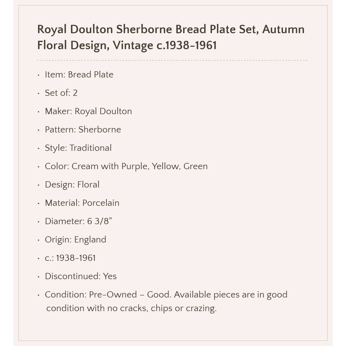 Royal Doulton "Sherborne" Bread Plate Set, c.1938-61 England