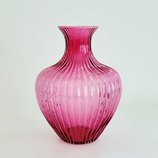 Cranberry Glass Flower Vase, 8" Fluted & Ribbed, Pilgrim Glass Co, USA Made