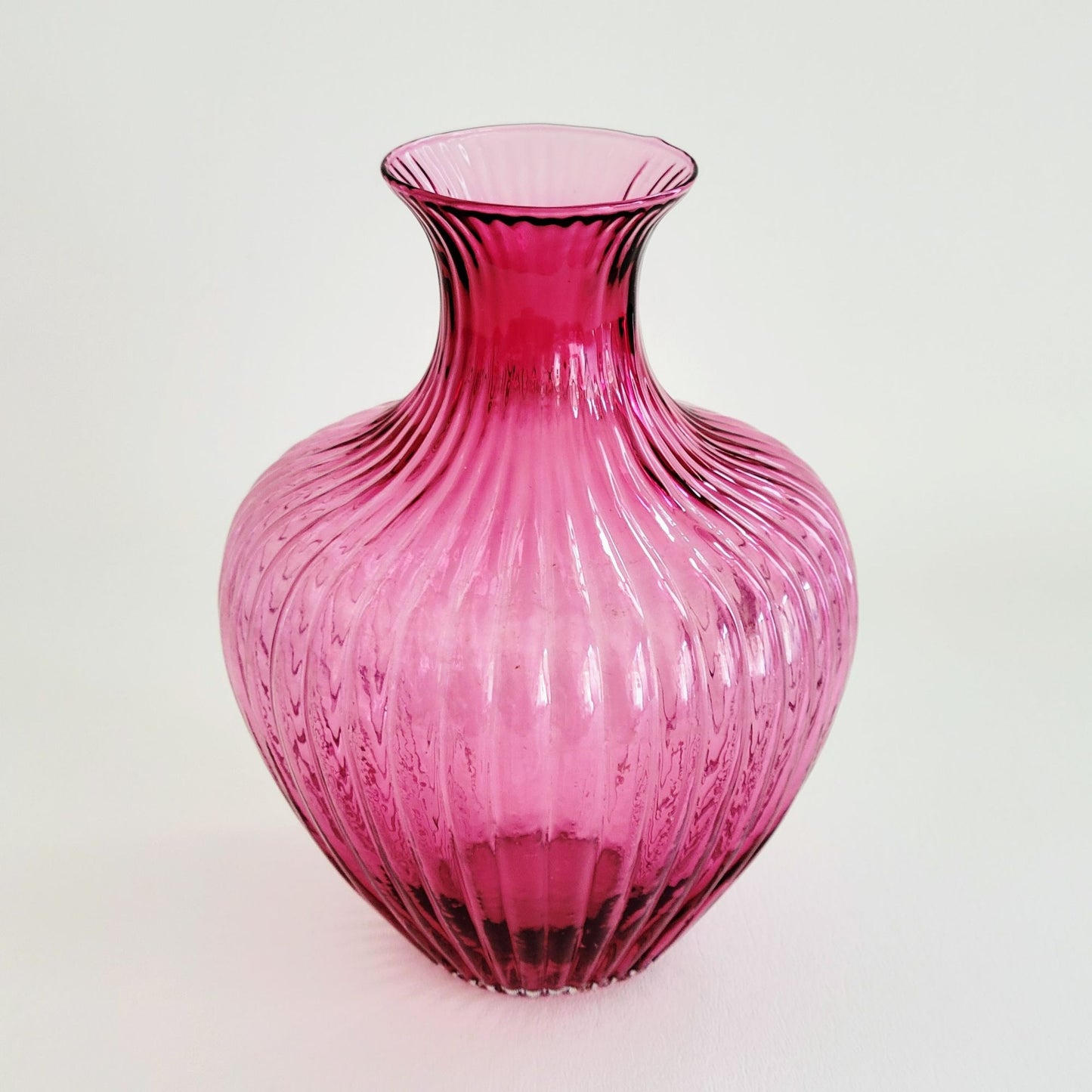 Cranberry Glass Flower Vase, 8" Fluted & Ribbed, Pilgrim Glass Co, USA Made
