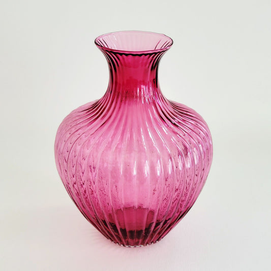 Cranberry Glass Flower Vase, 8" Fluted & Ribbed, Pilgrim Glass Co, USA Made