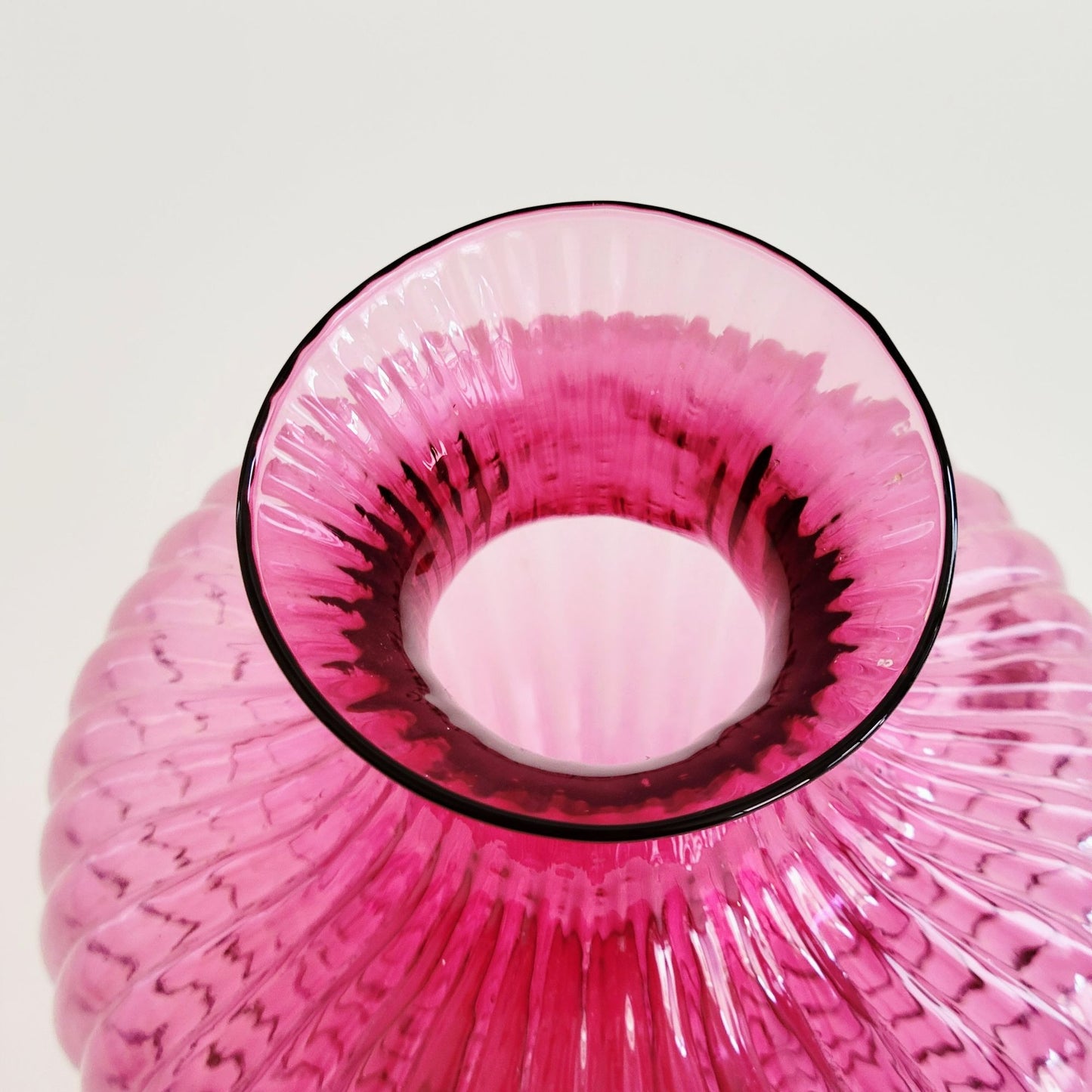 Cranberry Glass Flower Vase, 8" Fluted & Ribbed, Pilgrim Glass Co, USA Made