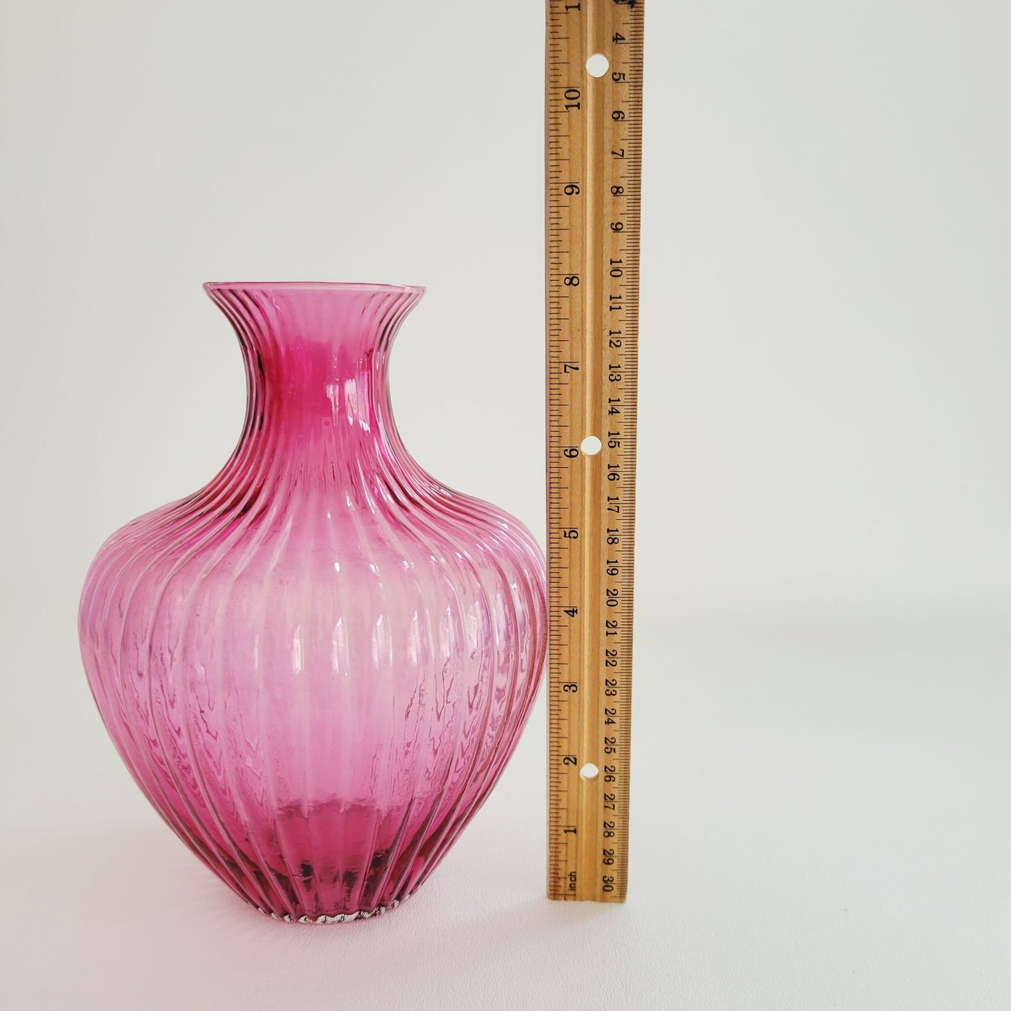 Cranberry Glass Flower Vase, 8" Fluted & Ribbed, Pilgrim Glass Co, USA Made