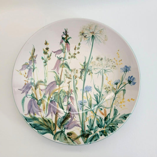 Floral Artisan Pottery Low Bowl, 11.50", Hand Painted Wildflowers Hanging Wall Decor