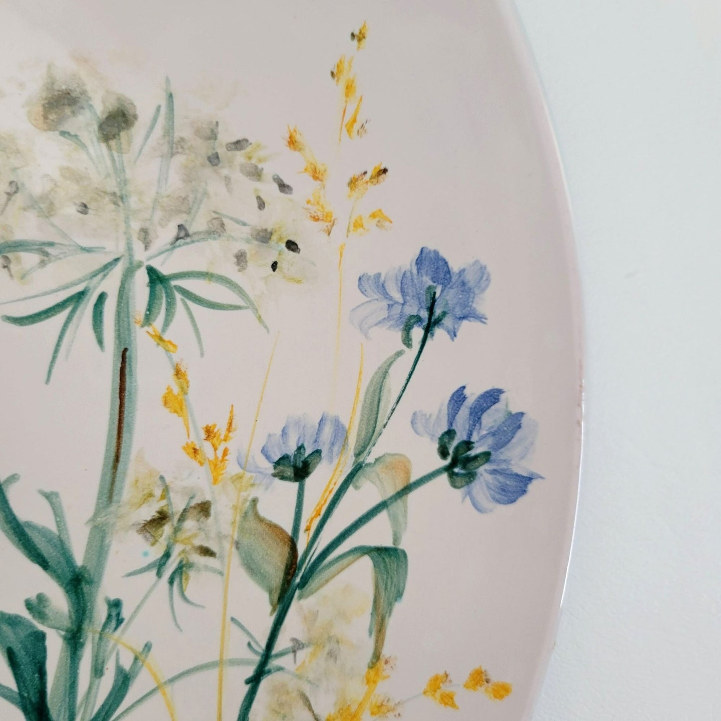 Floral Artisan Pottery Low Bowl, 11.50", Hand Painted Wildflowers Hanging Wall Decor
