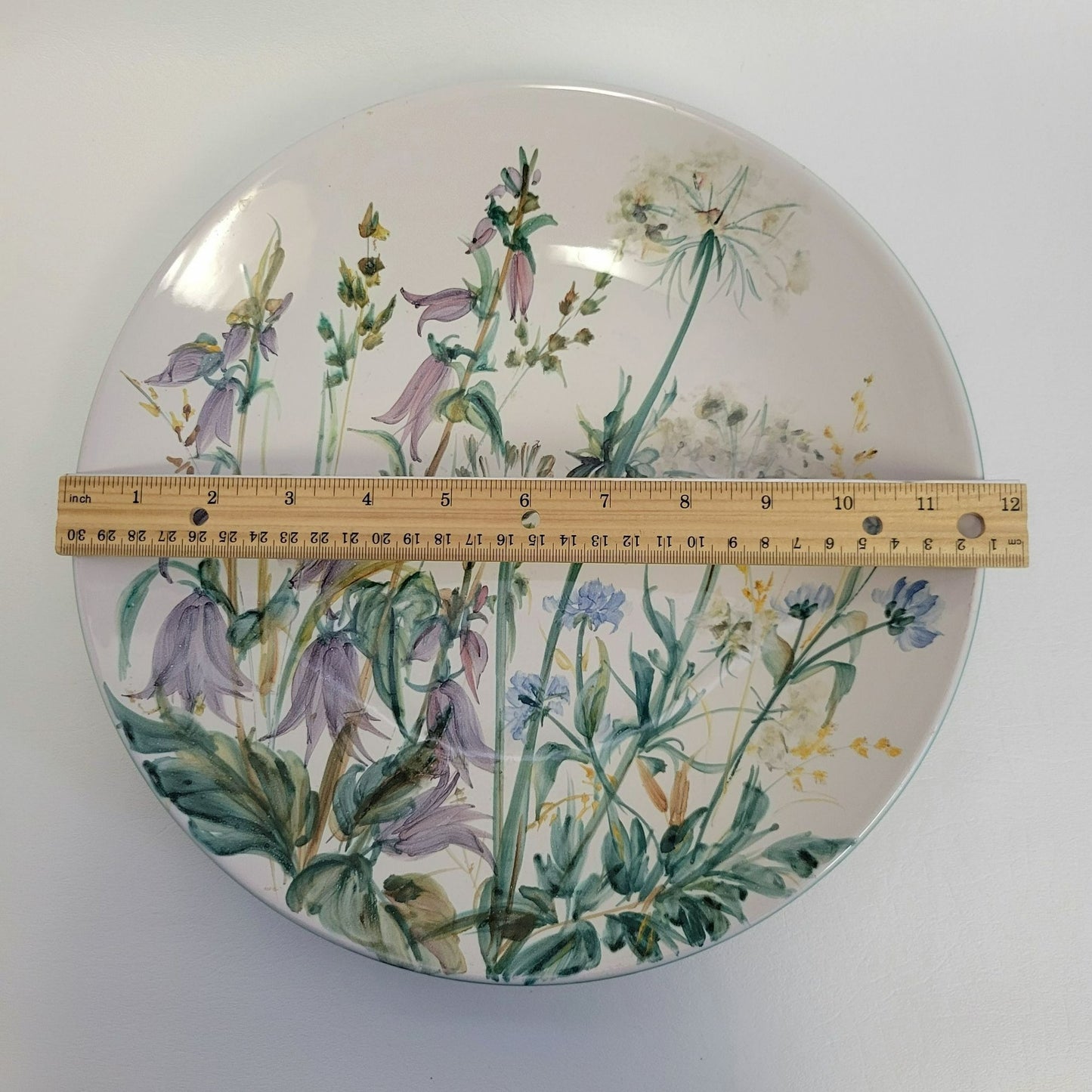 Floral Artisan Pottery Low Bowl, 11.50", Hand Painted Wildflowers Hanging Wall Decor